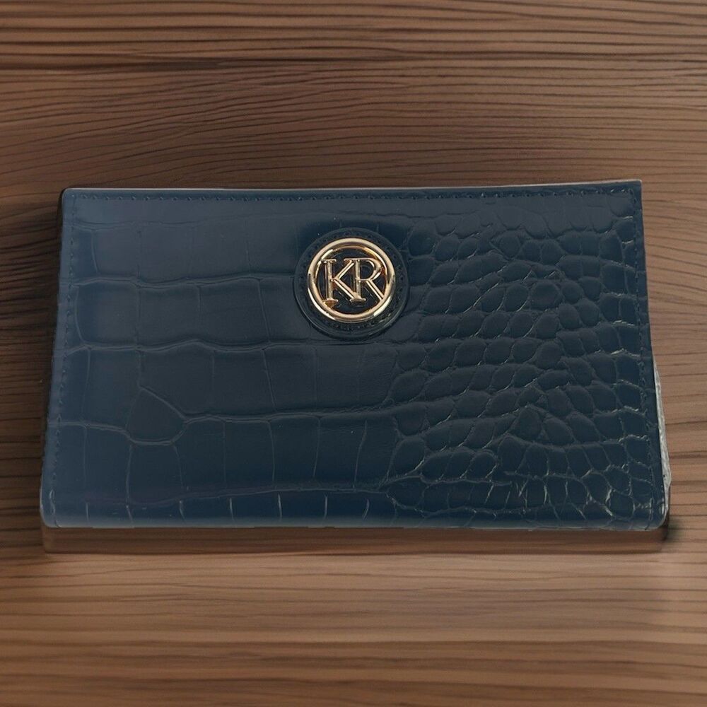 Kim Rogers Black Croc Embossed Vegan Leather Wallet Gold KR Logo Plate